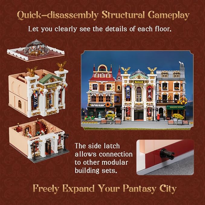 Vintage European Grand Theater Building Set-Modular Model with Crystal Chandelier, Transparent Dome&Expandable Street Scenes Retro Collectible Theater Architecture for Adults &Home Décor Gift