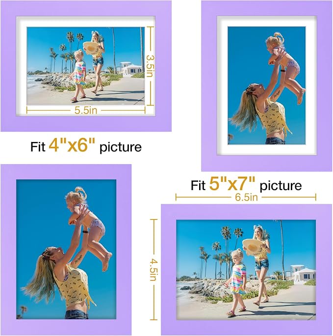 Vittanly 5x7 Picture Frames Set of 9 for Wall or Tabletop Display, Purple | Display Pictures 4x6 with Mat or 5x7 without Mat, Small Photo Frames, Engineered Wood with Shatter Resistant Plexiglass