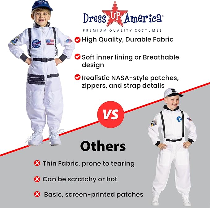Dress Up America Kids NASA Astronaut Costume – Orange Space Suit with Cap – Realistic Halloween & Dress-Up Outfit