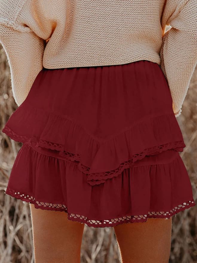Flowy Shorts for Women Casual Boho Ruffle Tiered Skorts High Waist Mini Skirts Golf Tennis Crochet Shorts
