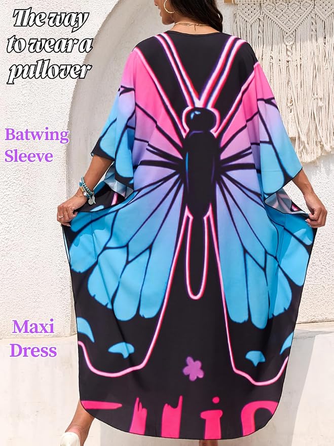 ChiaoLezhee Print Moo-Moos for Women, Kaftan Cover-Up Dresses, Sexy V-Neck High-Slit, Beach Pool-Party Coverups Muumuu Plus