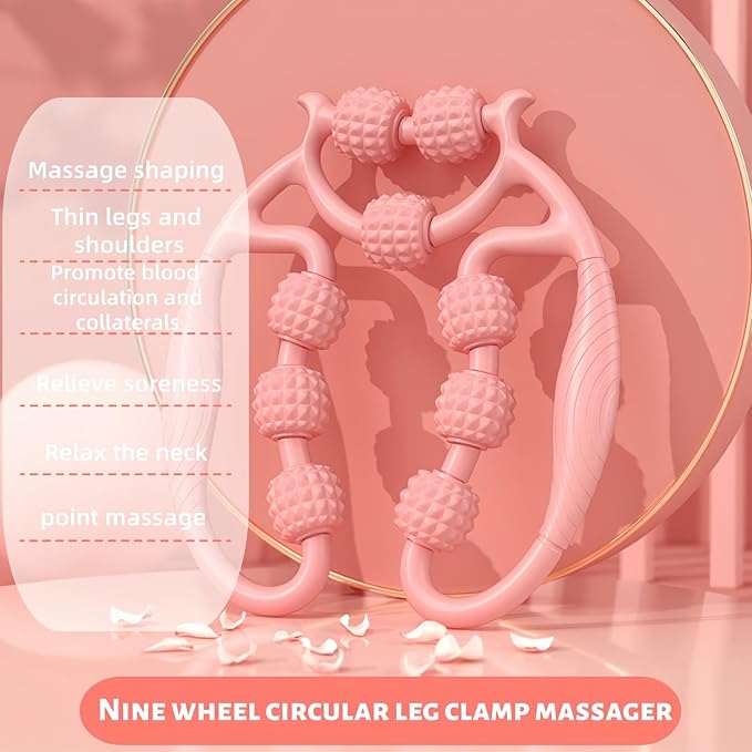9-Wheel Leg Roller Massager – Deep Tissue Muscle Soreness Relief | Manual Fascia Massage Tool for Calves, Thighs & Arms | Gift for Nurses, Athletes & Women, Pink, 10.6 inch