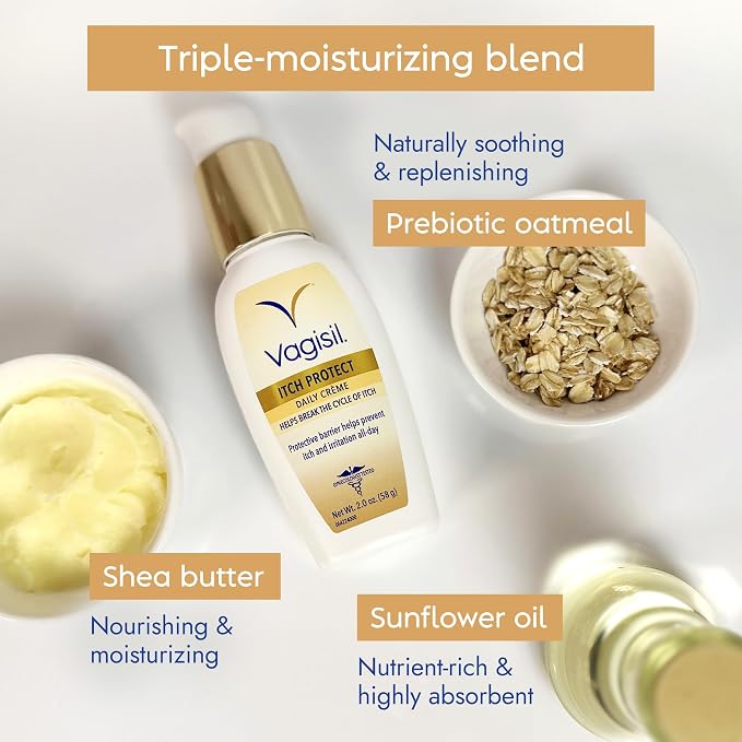 Vagisil Itch Protect Daily Creme with Prebiotic Oatmeal, Fragrance-Free Protective Formula with Shea Butter and Sunflower Oil, pH Balanced Fast-Absorbing Moisturizer, Hypoallergenic, 2 oz