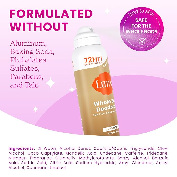 Lume Invisible Spray Deodorant For Women - Whole Body Deodorant Spray - 72 Hr Odor Control - Ozone Friendly, Natural Propellant - Baking Soda & Aluminum Free - Skin Loving, Full Body - Vanilla Bliss