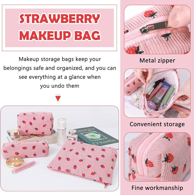 3 Pcs Makeup Bag Cosmetic Bag Set for Girls Women Travel Organizer Bathroom Toiletry Pouch Large Capacity Storage Bag (Strawberry Pink)