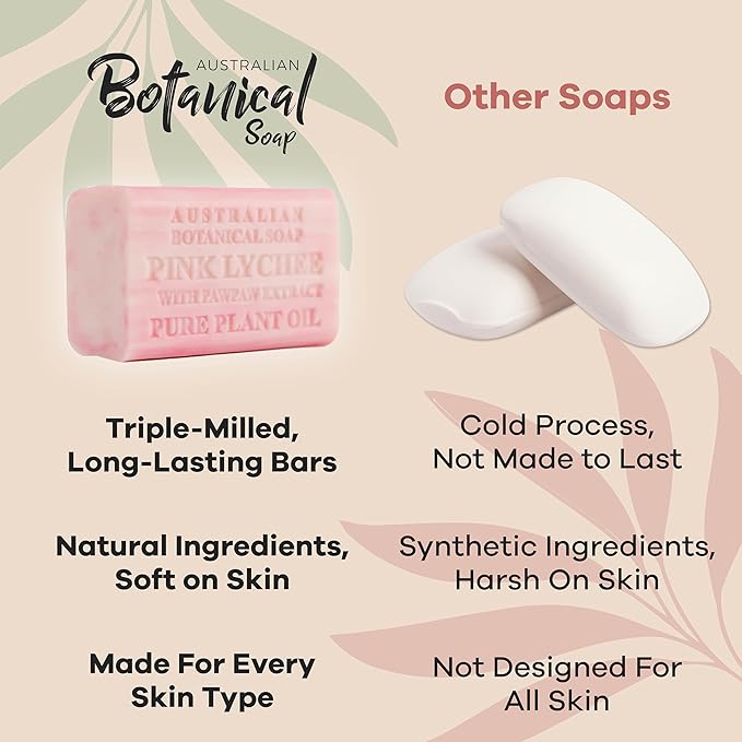 Australian Botanical Soap Pink Lychee with Pawpaw Extract – Triple Milled 6.6 oz Bar Soap with Shea Butter, Face Hand & Body Soap Bars, Pack of 4