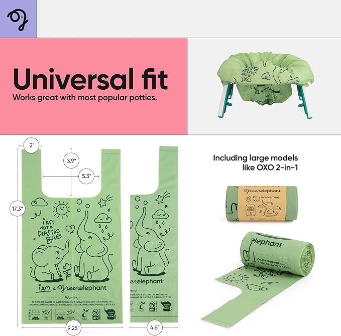 Green Elephant Travel Potty Bags-Potty Liners for Portable Potty,Bags for Portable Toilet,Liners Disposable Kids,Potty Training Liners Disposable