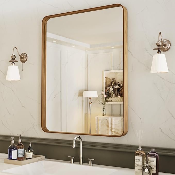 LOAAO 32X36 Inch Bathroom Mirror with Wood Grain Colored Metal Frame | Rounded Rectangle Metal Framed, Anti-Rust, Hangs Horizontally or Vertically, Tempered Glass