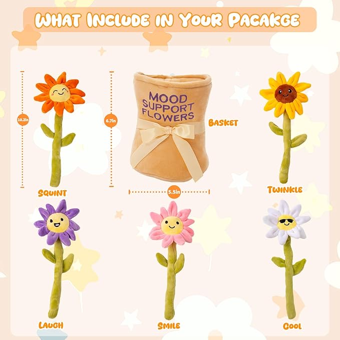 Mood Support 5 Bendable Flower Plush Bouquet in Basket| Emotional Encouraging Support Stuffed Animals Toys, Squishy Daisy & Sunflower Stems | Valentine's Day Gifts for Her, Wife, Girlfriend