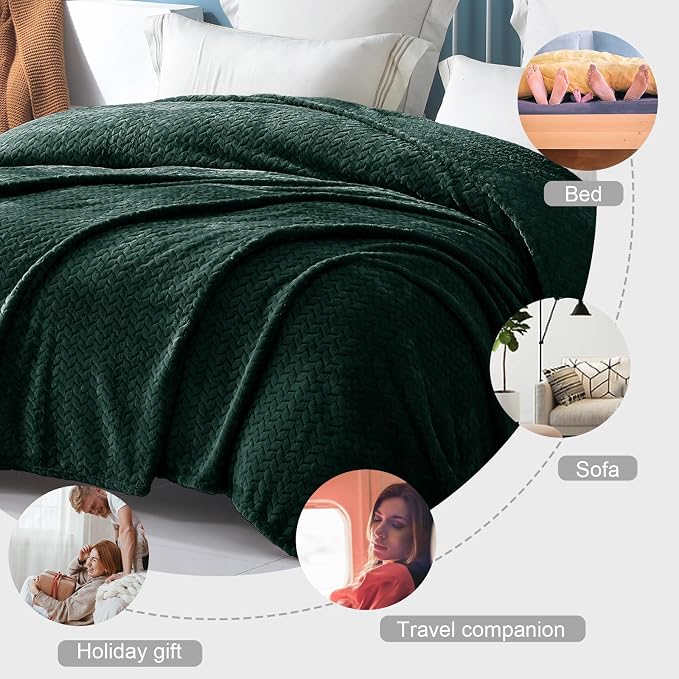 Exclusivo Mezcla Soft Fleece Bed Blanket Queen Size, 90”x90”, Forest Green | Cozy Fluffy Lightweight Blankets for Summer, Decorative Plush Flannel Throws for Living room, Bedroom with Leaves Pattern