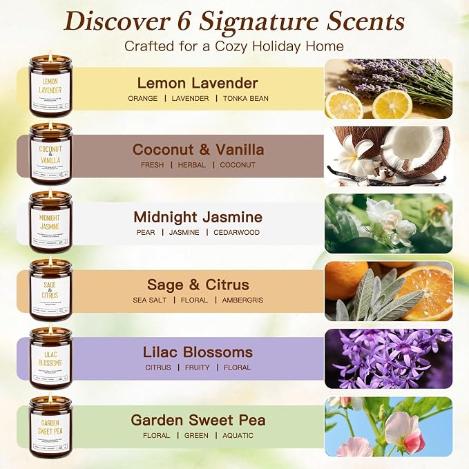 Candles for Home Scented - Soy Candles Non Toxic, 6 Pack Candle Gift Set | 42oz 300h Long Lasting Aromatherapy Candles with Lavender Lemon Vanilla Coconut Jasmine Sage - Floral & Fruity Scents