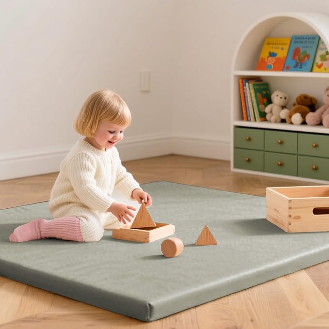 Huloo Sleep Baby Play Mat 47x47 Inches, 1.3" Thick Padded Waterproof Floor Cushion & Playpen Mat with Vegan Leather, Non-Slip & Non-Toxic Nursery Rug for Infants, Toddlers & Kids(Grey)