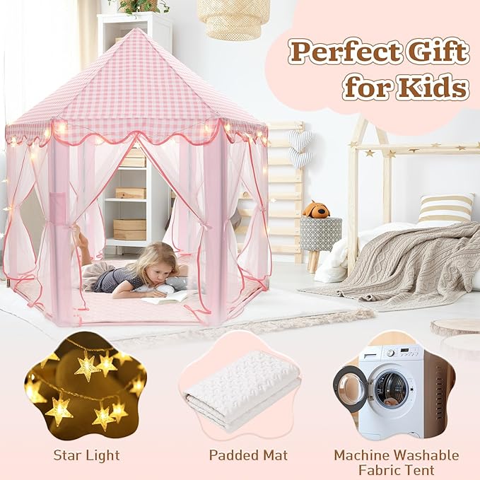 Princess Play Tent, Large Playhouse Castle Play Tent with Mat, Star String Toy, Indoor and Outdoor Games, for Children, Kids, Girls, Pink Plaid, 53" x 53" x 51", Pink