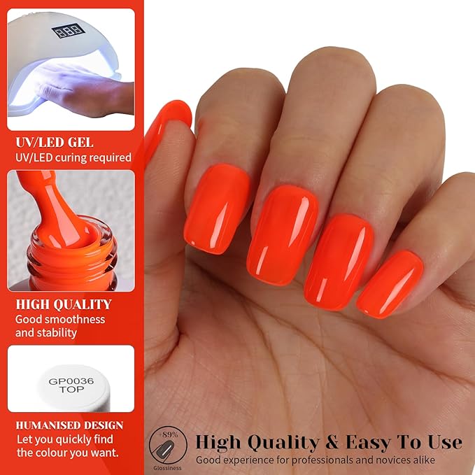 Neon Orange Red Gel Polish,15ml UV Lamp Soak Off Bright Orange Gel Nail Polish for Manicure Salon or DIY Nail Art at Home,Spring Summer Colors - GP0084