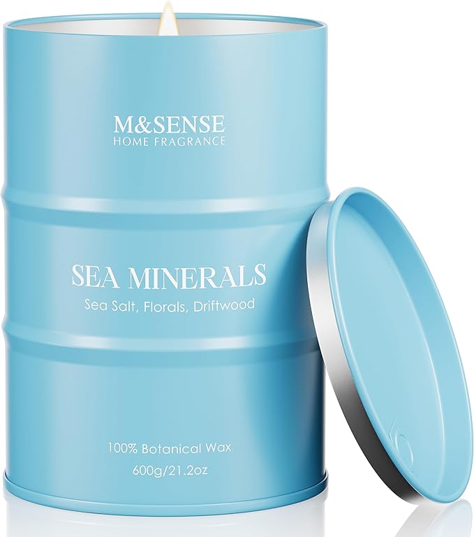 M&SENSE Sea Minerals Scented Candles Ocean Large,21.2 oz | Natural Soy, 21.2oz, 120 Hour Slow Burning, Stress Relief Meditation Relaxing