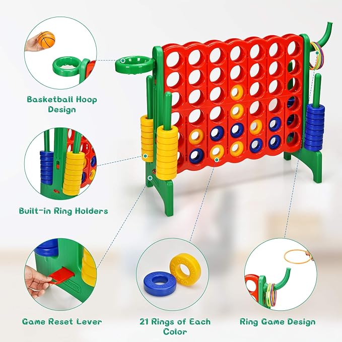 COSTWAY Jumbo 4-to-Score Giant Game Set for Kids & Adults, 2.5Ft Indoor Outdoor Game with Basketball Hoop, Ring Game, 42 Jumbo Rings, Quick-Release Slider, Perfect for Birth & Holiday Party