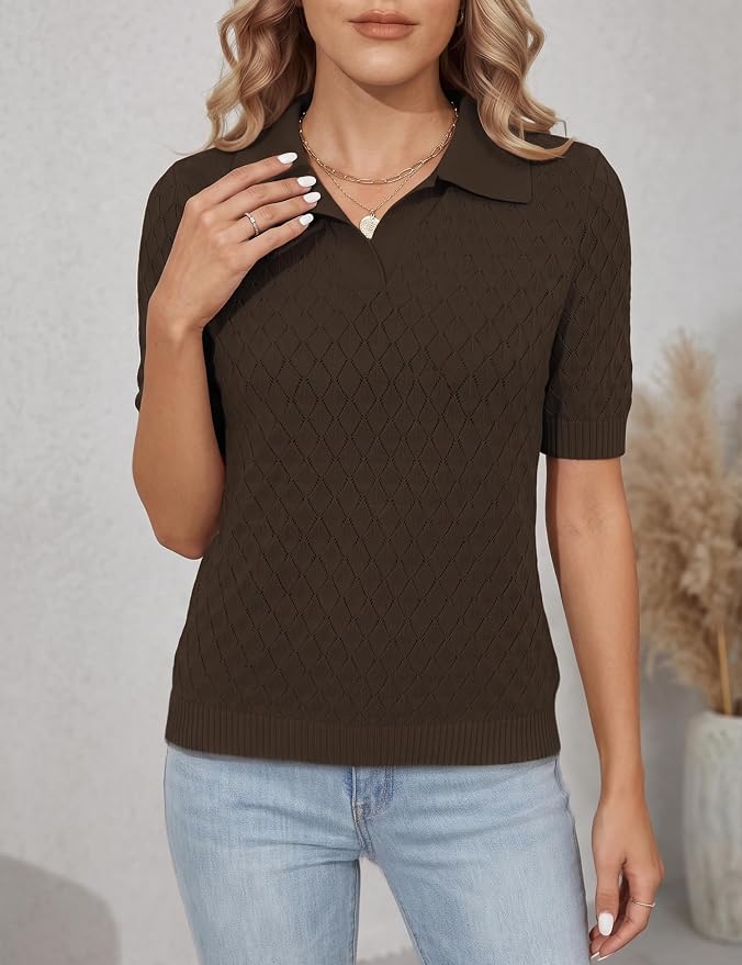 Rapbin Womens Short Sleeve Knit Polo Shirts Summer Spring Sweater Tops | Classic V Neck Collared Shirts Lightweight Business Casual Basic Fashion Pullover Polo Sweater for Work Formal Daily Wear