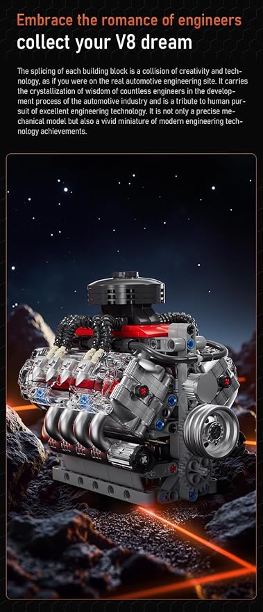 Sosuy V8 Engine Building-Blocks Sets, Working Motor Model, 487+PCS Mechanic Display Home Set for Collection Fans, STEM Cars Toys for Boys, Birthday Gitf for 8+ Kids Adults Men Girls