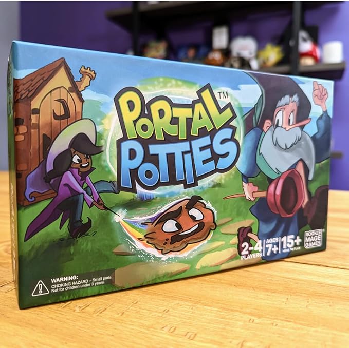 Rookie Mage Games Portal Potties - Funny Last Wizard Standing Board Games for Adults & Kids - Includes Playing Cards, Poop Emoji Tokens, Colorful Potty Boards - 2 to 4 Players, Ages 7+