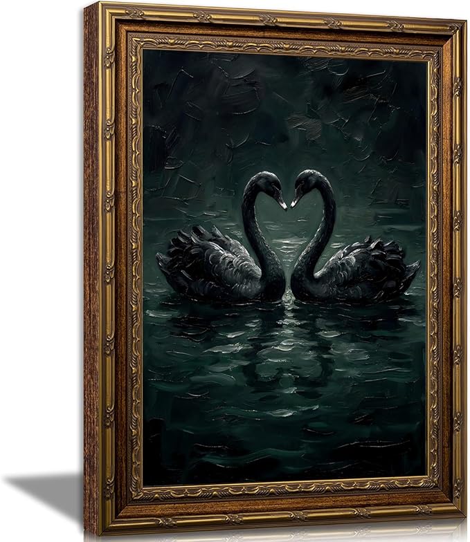 Vintage Gold Framed Gothic Wall Art Moody Love Black Swan Canvas Print | Dark Academia Swan Painting Print, Romantic Vintage Animal Poster Picture Wall decor for Bedroom Living Room Office 8x10 In