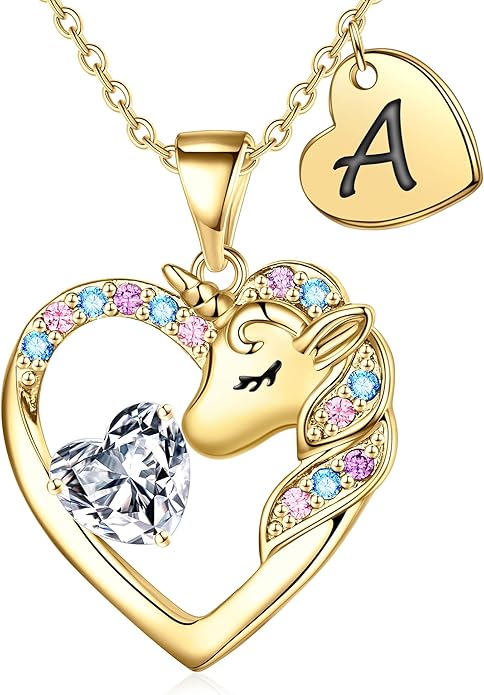 Unicorn Necklace Gifts for Girls Kids - Colorful CZ Heart Initial Necklaces Unicorn Necklace for Girls Jewelry Birthday Gifts for Little Girl Kids