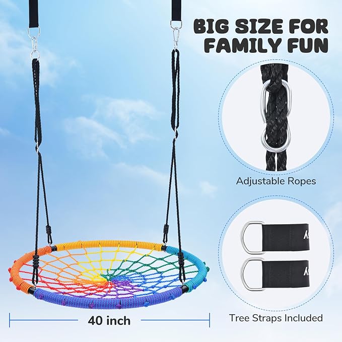 Trekassy 750lbs 40" Spider Web Saucer Tree Swing for Kids Adults, Outdoor Net Swing with Steel Frame and 2 Hanging Straps-Rainbow (Patented)