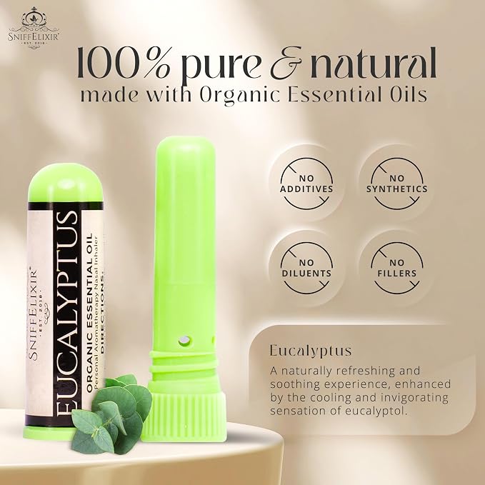 Eucalyptus Essential Oil Aromatherapy Nasal Stick Vapor Inhaler - Allergy Relief, USA Made with Organic Essential Oils, Natural Breathe Easy Support