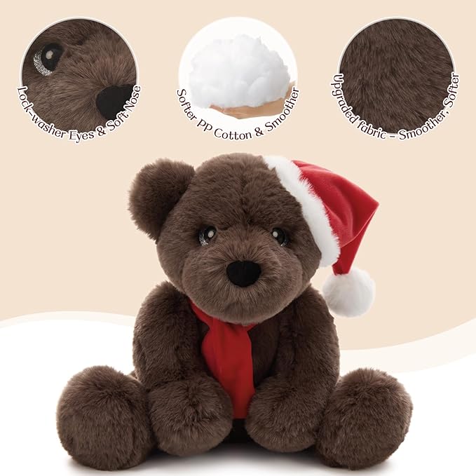 MorisMos Teddy Bear Stuffed Animal, 14'' Christmas Teddy Bear 2025 with Santa Hat & Scarf,180° Joints Posed Plush Toy, oft Stuffed Christmas Toy for Kid Girl Boy Max Decoration Birthday Gift,Chocolate