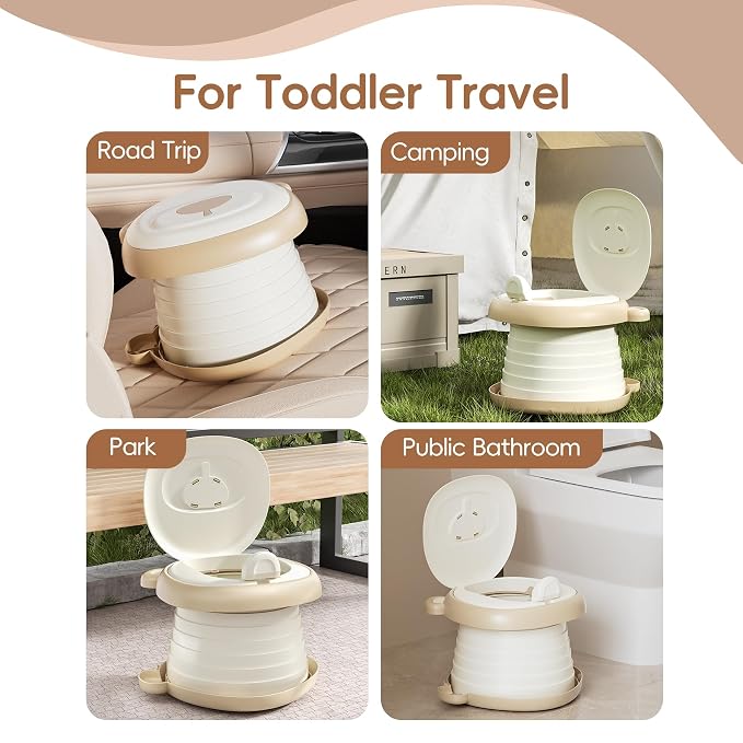 Portable Toddler Travel Potty with Extra 60 Absorbent Pads and 5 Rolls of Liners, All-in-One Travel Potty Set - Khki