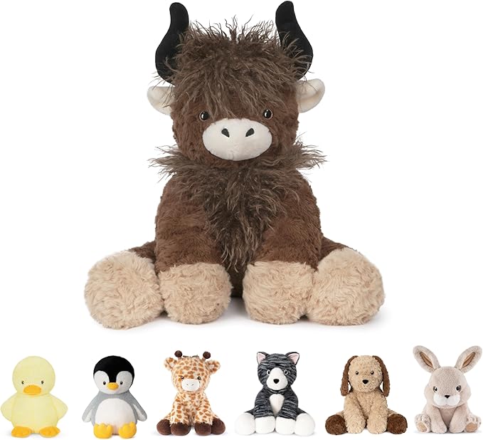 Niuniu Daddy 14" | 3.5 Pound Weighted Highland Cow Plush, Big Highland Cow Stuffed Animal for Kids Adults, Giant Weighted Sitting Plush Toy, Large Body Pillow for Birthday Christmas Holiday Presents