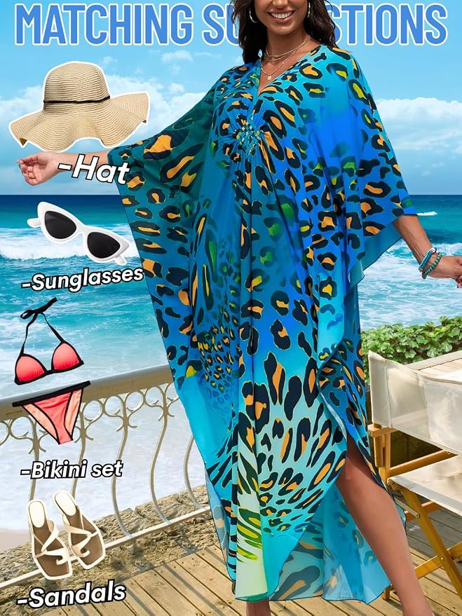 ChiaoLezhee Print Moo-Moos for Women, Kaftan Cover-Up Dresses, Sexy V-Neck High-Slit, Beach Pool-Party Coverups Muumuu Plus