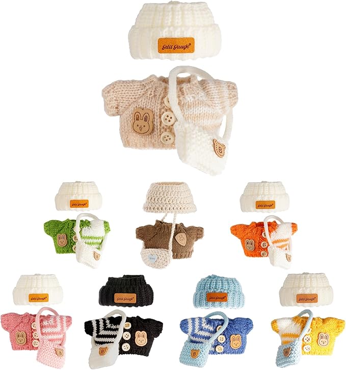 Clothes for 17cm Dolls, Clothes Set for 17cm Doll, Crochet 3 Piece Set Hat Clothes Backpack for Doll, Stylish Adorable Dolls Clothes Accessories (No Doll) (Khaki)