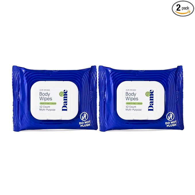 Dame Aloe Body Wipes for Women, pH Balanced Feminine Wipes with Cucumber, Gentle Cleansing for Sensitive Skin, Post Workout, Sweat & Travel, Biodegradable, Vegan & Cruelty Free, 12 Count (2 Pack)