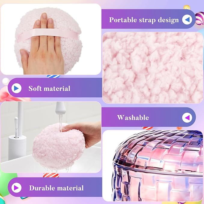 Tioncy 2 Set Extra Large Body Powder Puff and Container, 6'' Washable Vintage Decorative Crystal Powder & Container Gift for Bathroom Counter & Feminine Vanity Decor(Weave Design,Gradient and Purple)