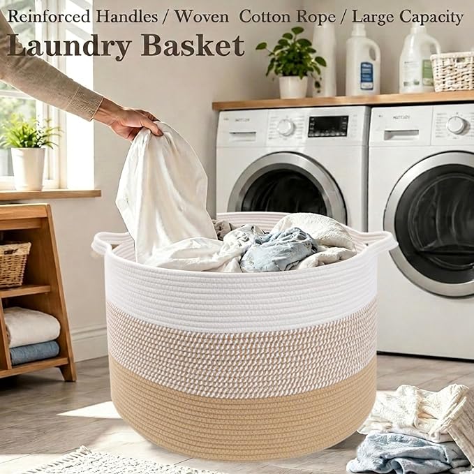 65L Large Blanket Basket, Cotton Rope Woven Laundry Basket-Yellow | Collapsible, reinforced handles, nursery storage bin organizes clothes, toys and pillows for living room, bedroom bathroom