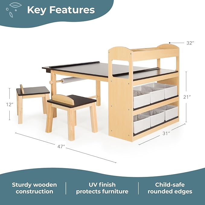 Guidecraft Deluxe Art Center: Kids Arts and Crafts Table and Chairs Set with Storage Shelves, Bins, Paper Roll for Drawing and Painting | Wooden Art Desk for Kids Playroom | Toddler Activity Table