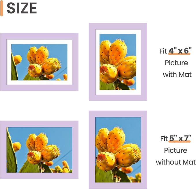 upsimples 5x7 Picture Frame, Display Pictures 4x6 with Mat or 5 x 7 Without, Wall Hanging Photo Frames, Purple, 1 Pack