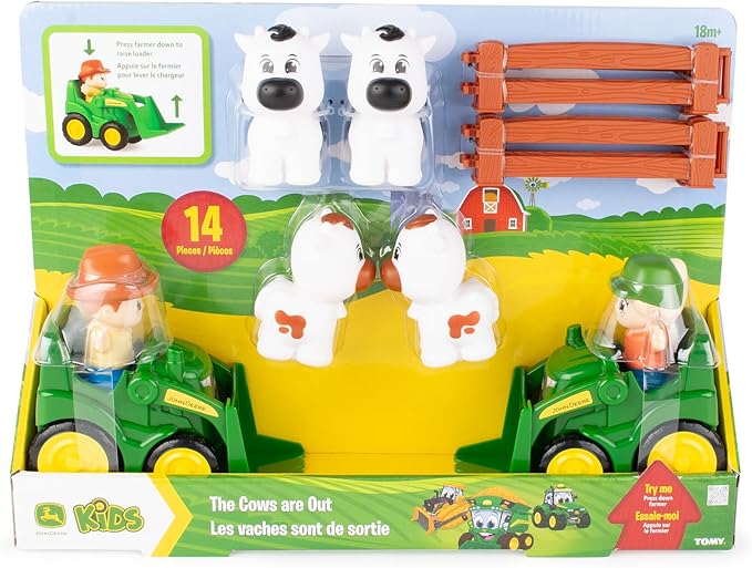 TOMY The Cows are Out! Farm Animal Playset - Preschool Farm Set with Tractors, Cows, Farmers & Fences - 14 Pieces - Ages 18 Months+