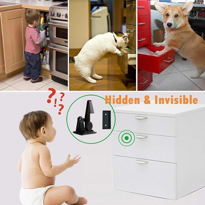 Cabinet Locks Child Safety Latches - OKEFAN 12 Pack Baby Proofing Cabinets Drawer Lock Adhesive Latch for Kids Proof Drawers No Drilling Tools Needed (Black)