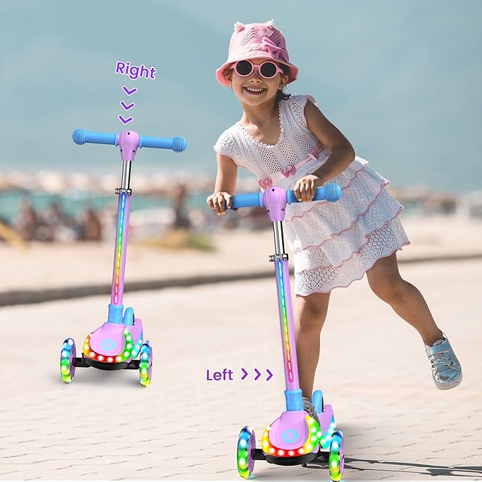 2-in-1 Adjustable Kick Scooter for Kids 3-5 (Suitable 3-12 Years),5-Level Handlebar & Removable Seat, LED Light-Up Wheels, Wide Deck, Foldable Design for Indoor/Outdoor Use - Girls & Boys