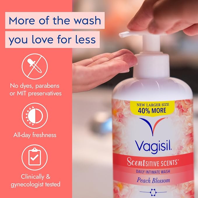 Vagisil Feminine Wash for Intimate Area Hygiene, Scentsitive Scents, pH Balanced and Gynecologist Tested, Peach Blossom, 16.9 oz with Pump