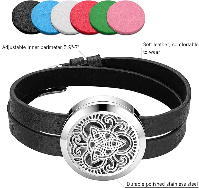 Essential Aromatherapy Oil Diffuser Locket Hollow Celtic Charm Leather Wrap Bracelet with 6 Color Pads,Size Adjustable,Black | Stainless Steel + Leather Design, Daily/Party/Gift, Hypoallergenic & Durable, Adjustable Fit