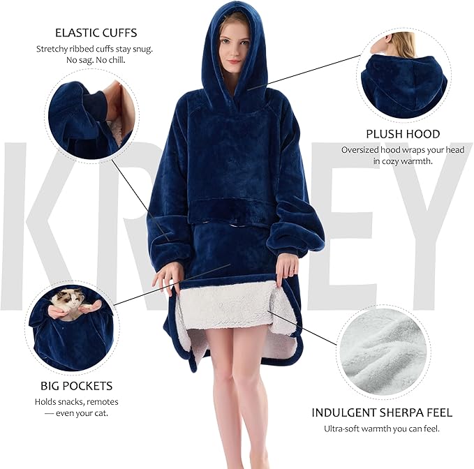 Krifey Wearable Blanket Hoodie, Oversized Sherpa Hooded as Birthday Gifts for Mom Women Girlfriend Men, Cozy Sweatshirt with Giant Pocket