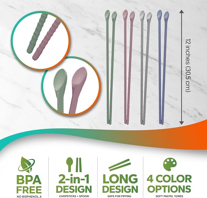 Reusable Long Silicone Cooking Chopsticks with Spoon 12 Inches 1 Pair, Dishwasher Safe, BPA-free Non-Slip, Non-Scratch, Korea Japanese Kitchen Utensils (Pastel Grey, 1Pair )