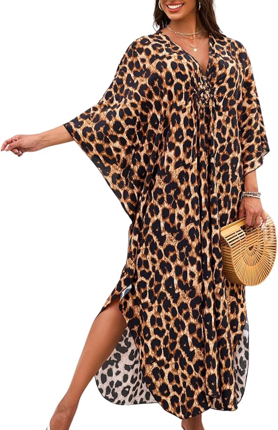 ChiaoLezhee Print Moo-Moos for Women, Kaftan Cover-Up Dresses, Sexy V-Neck High-Slit, Beach Pool-Party Coverups Muumuu Plus