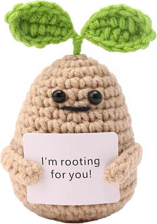 Crochet Potato Plush with Positive Message, Emotional Support Stuffed Animal for Desk Decor, Handmade Tiny Friend with Inspirational Card, Funny Gifts for Women Office Accessories, 1 Pack