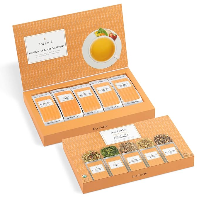 Tea Forte Single Steeps Loose Leaf Tea Sampler, Assorted Variety Tea Box, 15 Single Serve Pouches, Herbal Tea