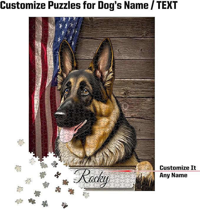 Custom Wooden Jigsaw Puzzles with Your Dog's Name on European Shepherd Art Print - 300 500 1000PCS Puzzles Game and Home Wall Decor
