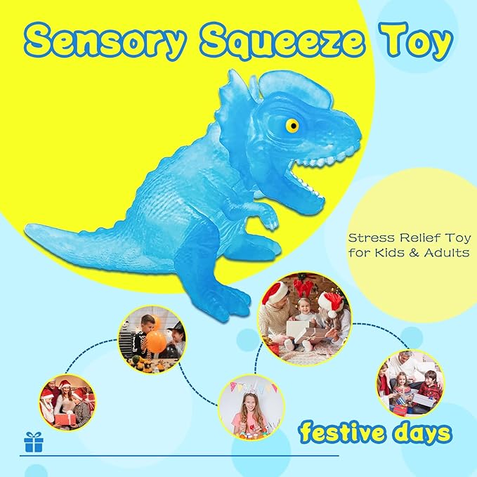 BENSE 3.7" Squishy Sensory Fidget Toy with Dinosaur - Realistic Stress Relief Fidget Toy for Kids & Adults, Anxiety Relief Party Favors & Birthday Gift for Boys Girls (Blue, Ages 3+)