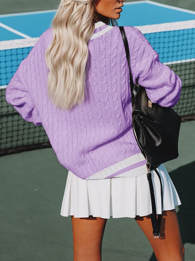 Aoudery Womens V Neck Oversized Sweaters Long Sleeve Cable Knit Pullover Striped Chunky Sweater Casual Tennis Tunic Tops